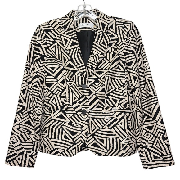 Calvin Klein Jackets & Blazers - Calvin Klein Womens Black Cream Geometric Print Linen Rayon Blazer Jacket Size 2
